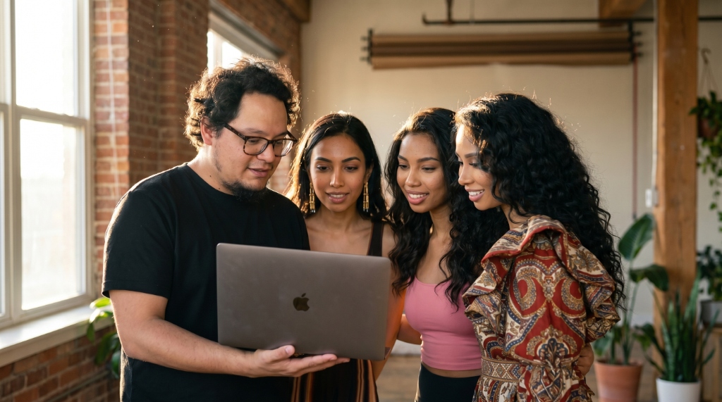 Koana Closet team looking at a laptop